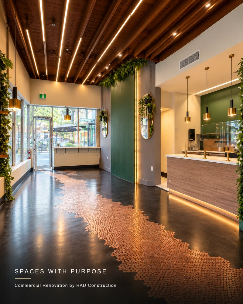 Commercial interior with exposed timber ceiling, pendant lighting and a reception counter